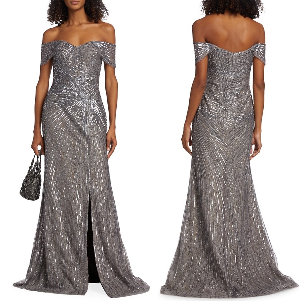 Rene Ruiz Collection Sequined Off-The-Shoulder Gown